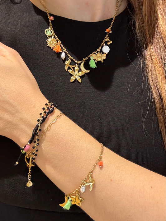 Colar e/ou pulseira com pendentes dourados, verde e laranja