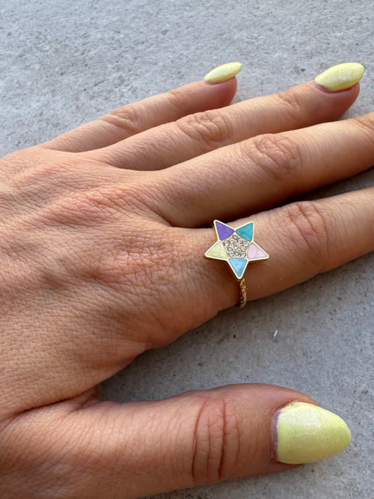 Anel colorido estrela e zircónias