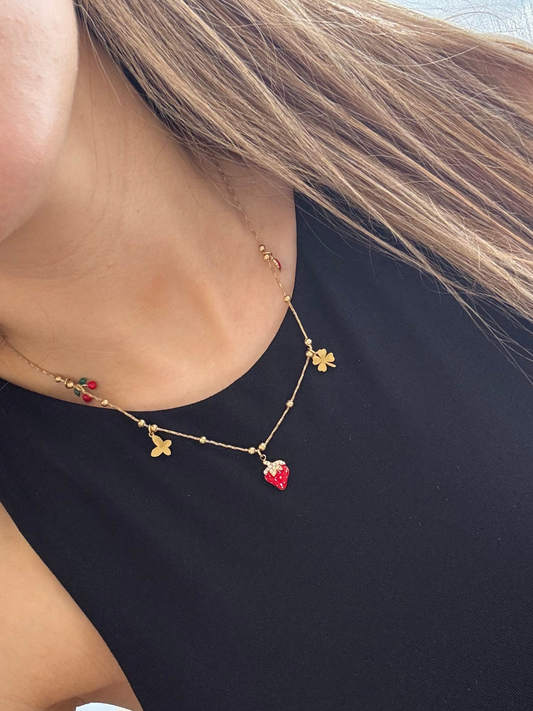 Colar dourado pendentes morango, trevo, cerejas vermelhos