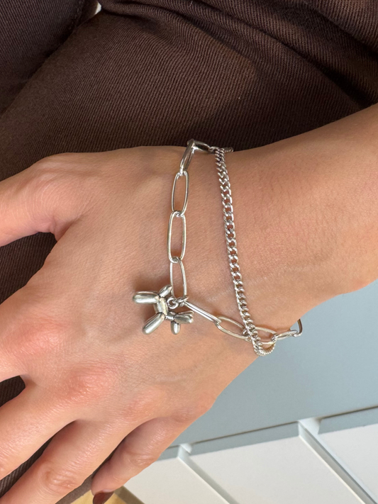 Pulseira dupla prateada cão balão
