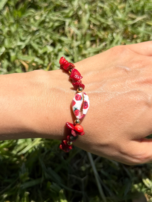Pulseira concha rosas ajustável aço inoxidável dourado