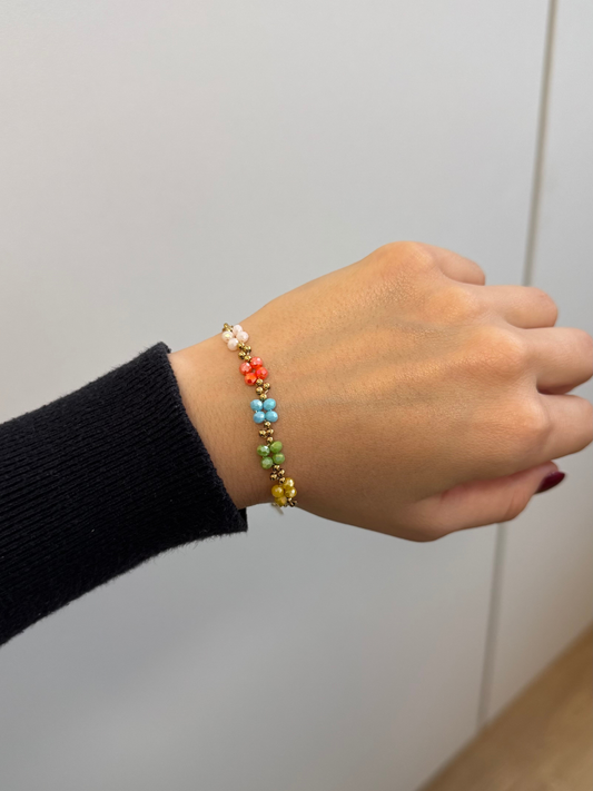 Pulseira colorida flor e dourada em aço inoxidável