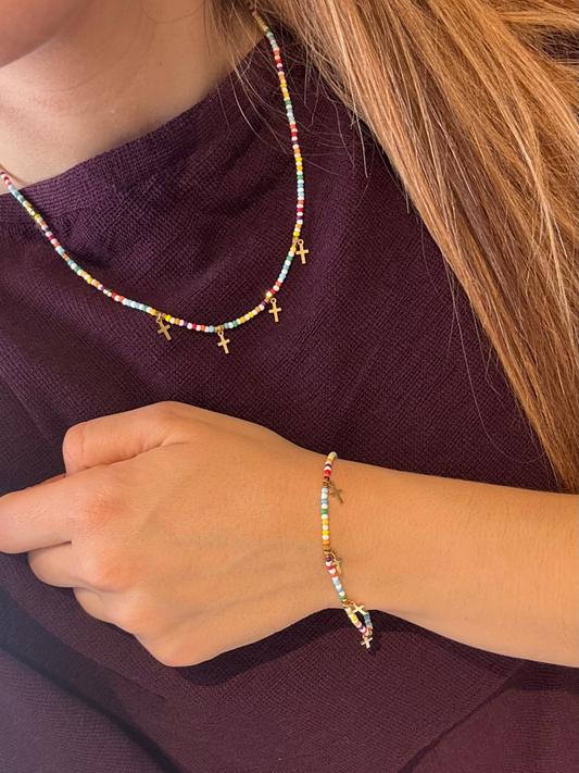 Conjunto colorido cruz (Colar e pulseira)